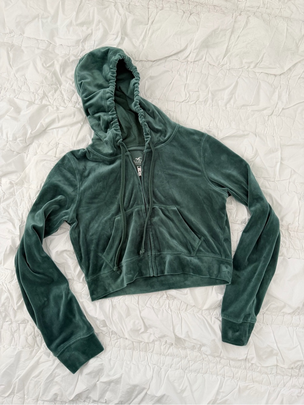 Hollister Forest Green Velour Cropped Zip Hoodie S